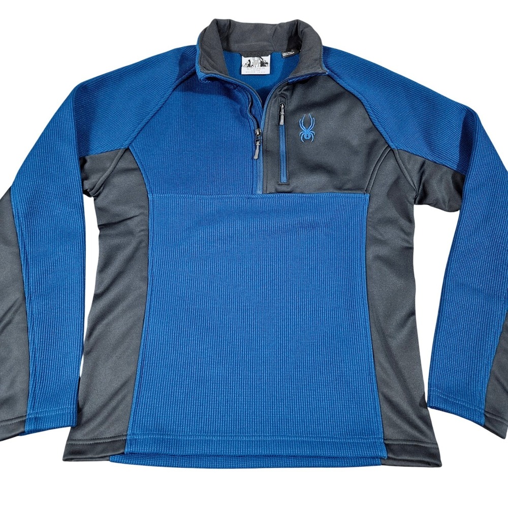 Spyder Quarter Zip Pullover Mens Medium Blue Black Waffle Knit Fleece Colorblock